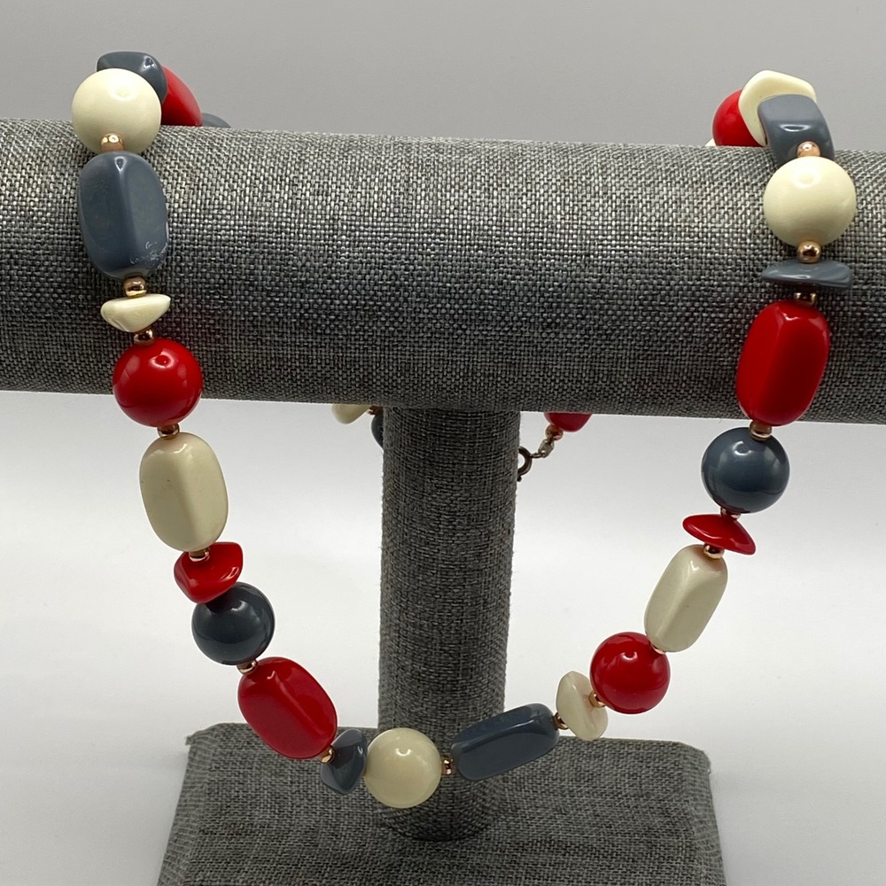 Vintage Necklace Resin Plastic Mod MCM Red Grey Cream 24 Inch